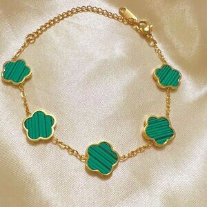 18K Gold Plated GREEN Clover Bracelet stainless steel Womens jewelry